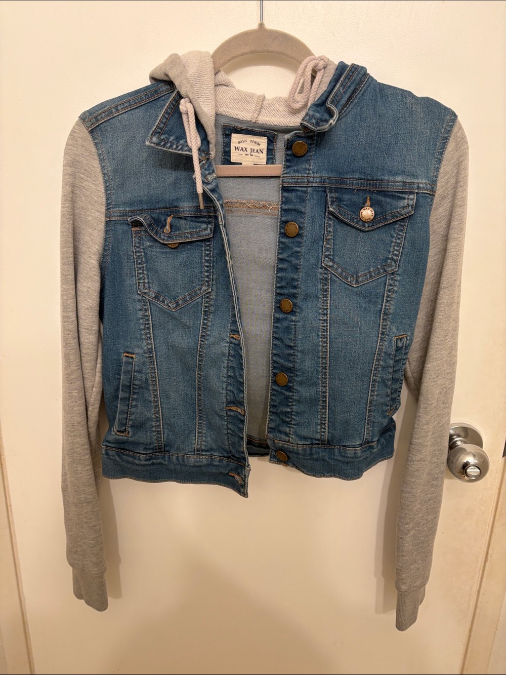 Wax Jean Blue Denim Jacket with Gray Hoodie Sleeves